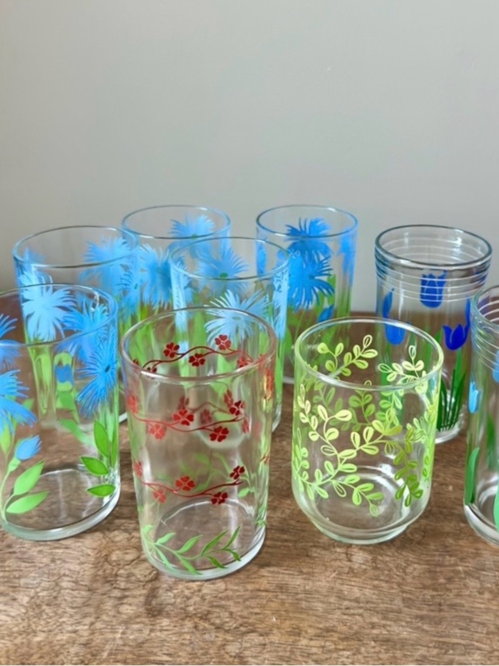 Vintage Hazel-Atlas Swanky Swig Juice Glasses Forget Me Nots Floral Pattern MCM